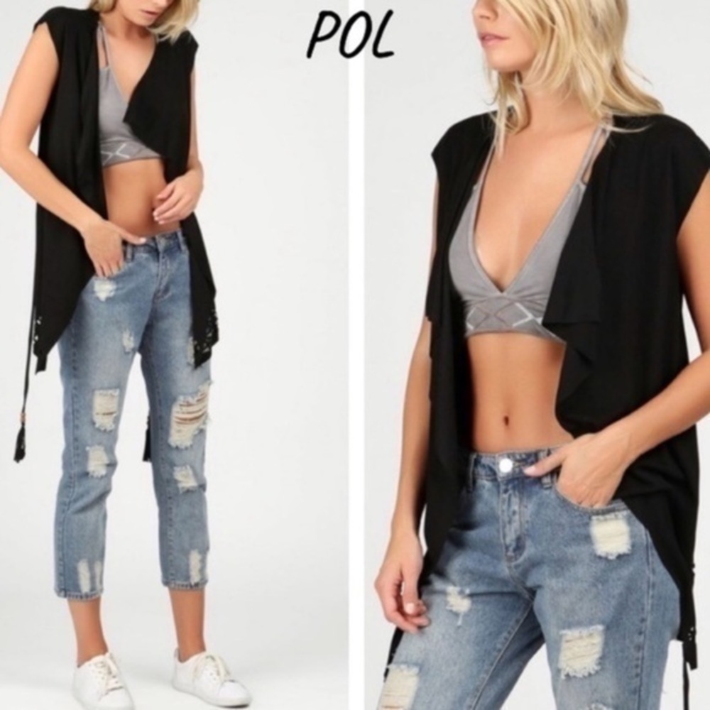 POL Black Boho Chic Vest Top with Geo Cut Out Hemline BRAND NEW